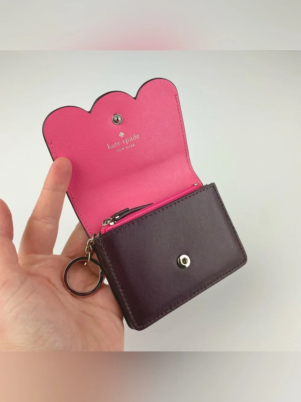 kate spade New York Plum Gemma Scalloped Card Mini Wallet w/ Key Ring ID Window